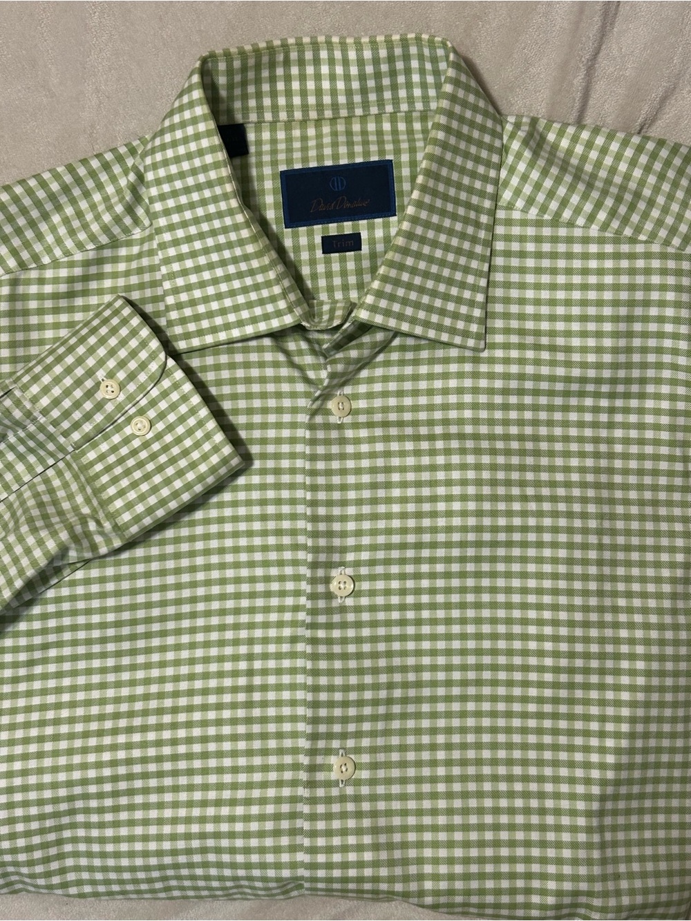 David Donahue Dress Shirt Mens 17 34 35 Green White Gingham Check Trim Fit LS